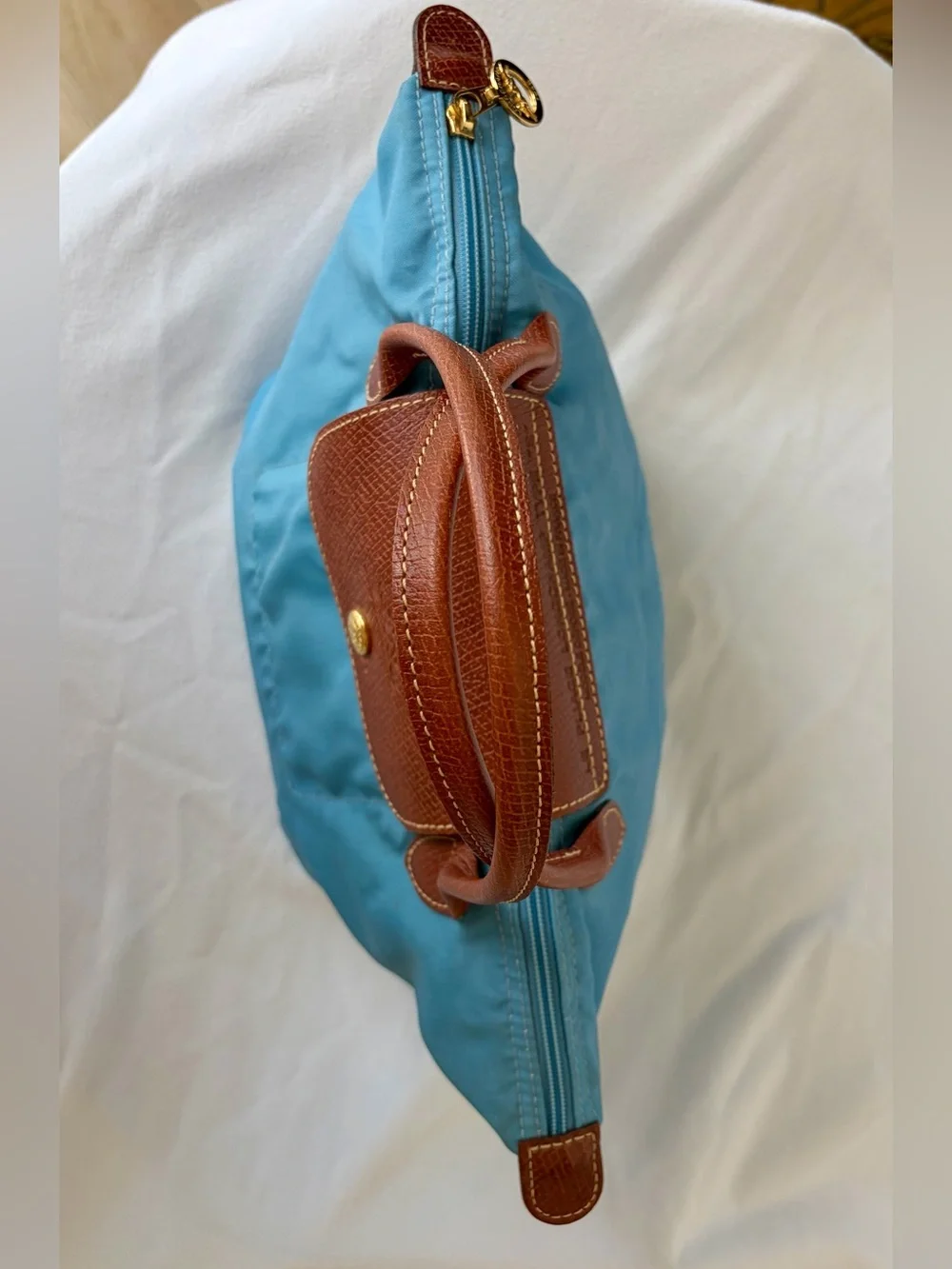 Longchamp Le Pliage Top-Handle Tote in Light Blue w Brown leather, GUC - Picture 8 of 16